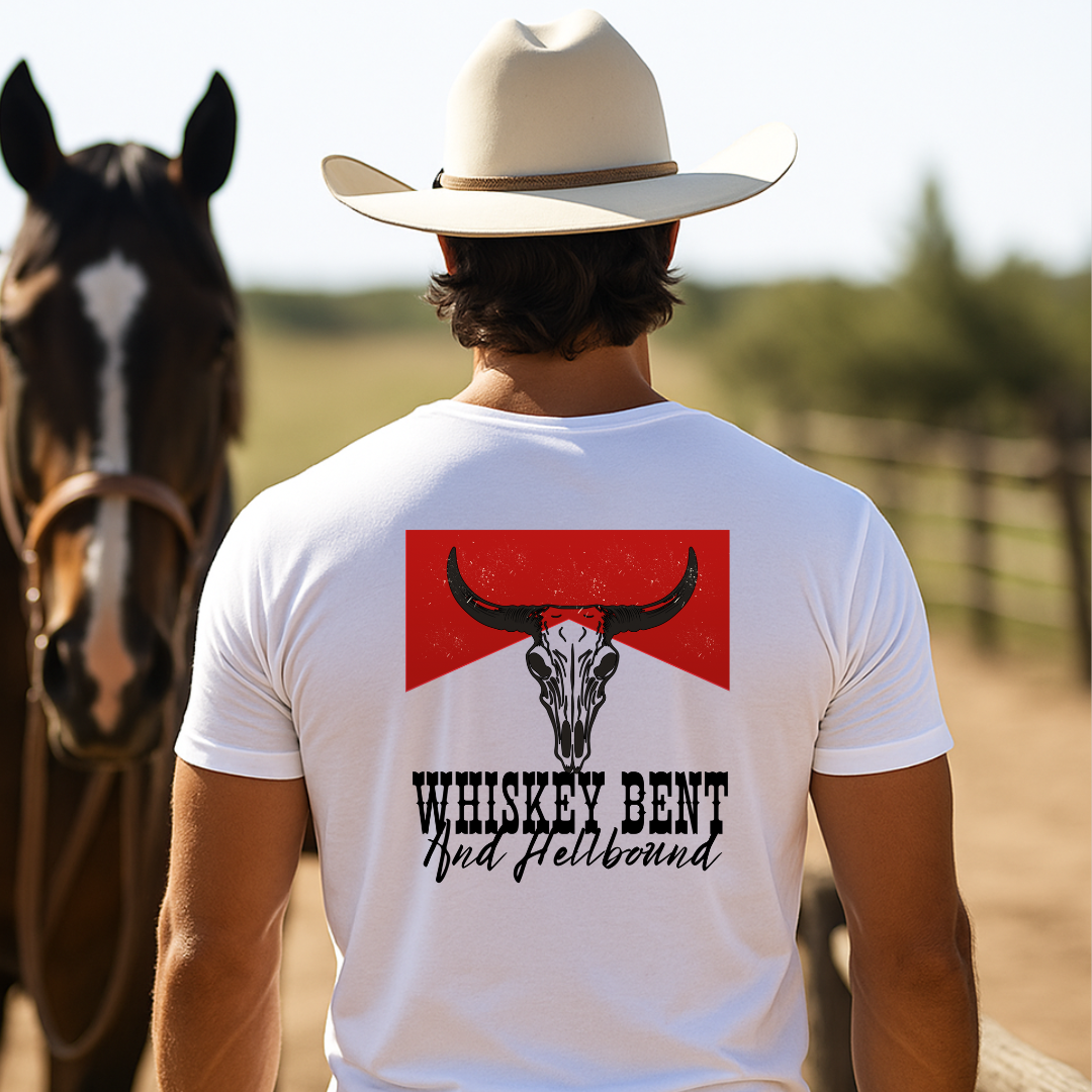 Camiseta casual de corte holgado con cuello redondo, manga corta, 100% Algodón, con diseño vaquero Whiskey Bent. Perfecta para el estilo diario.