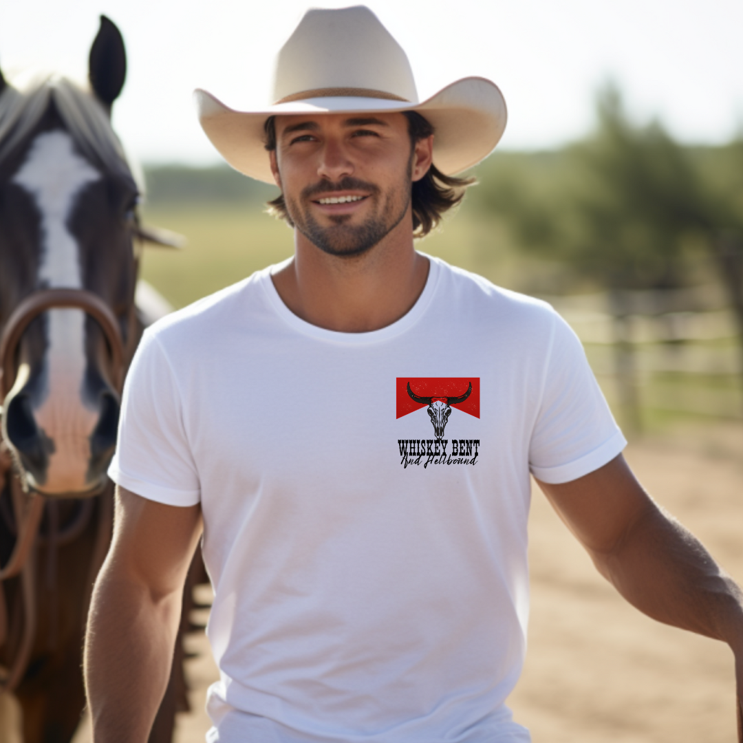 Camiseta casual de corte holgado con cuello redondo, manga corta, 100% Algodón, con diseño vaquero Whiskey Bent. Perfecta para el estilo diario.