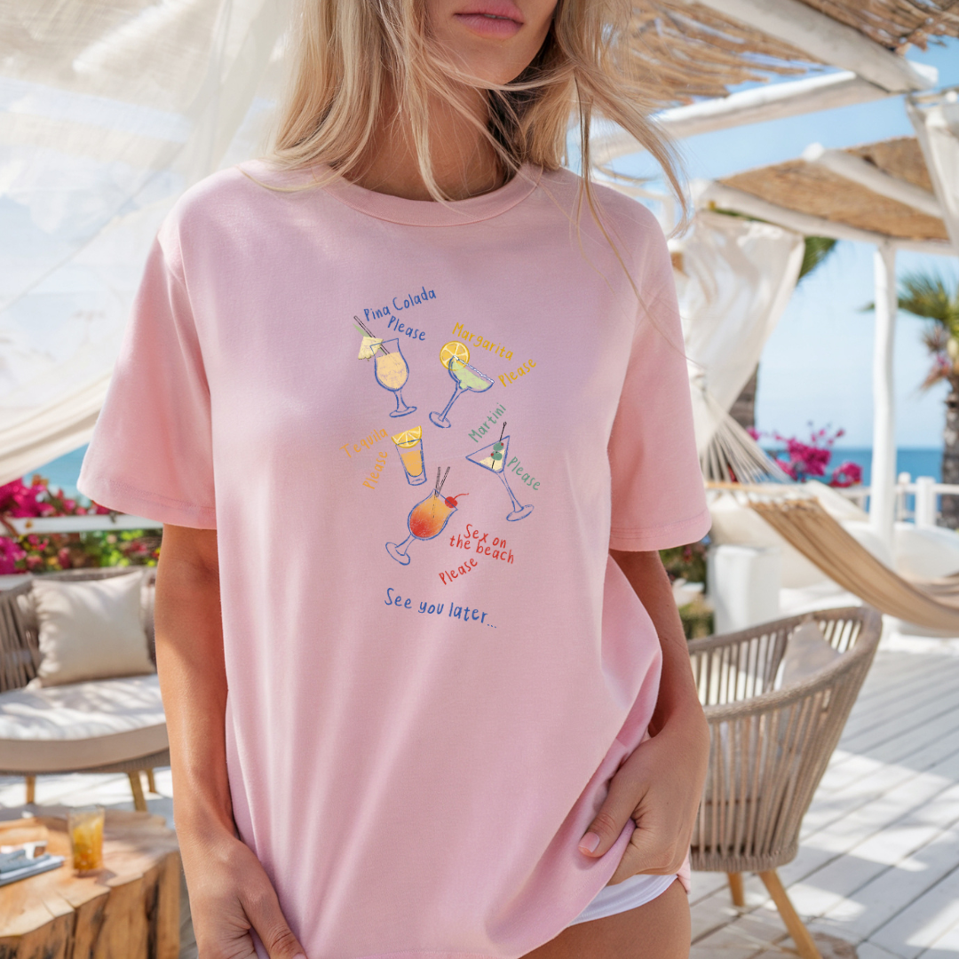 Camiseta casual de corte holgado con cuello redondo, manga corta, 100% Algodón, con gráfico de Drinks. Perfecta para el estilo diario.