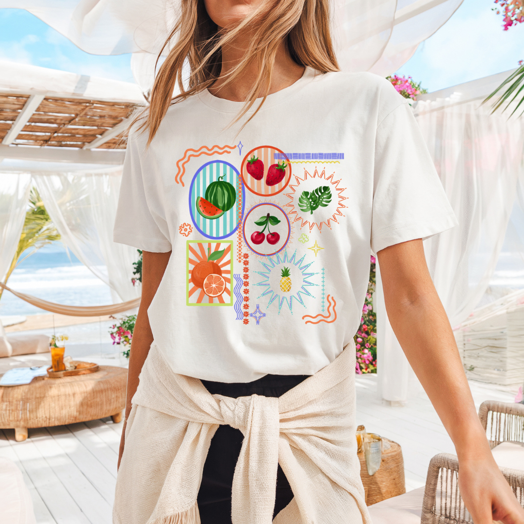 Camiseta casual de corte holgado con cuello redondo, manga corta, 100% Algodón, con gráfico de Frutal. Perfecta para el estilo diario.