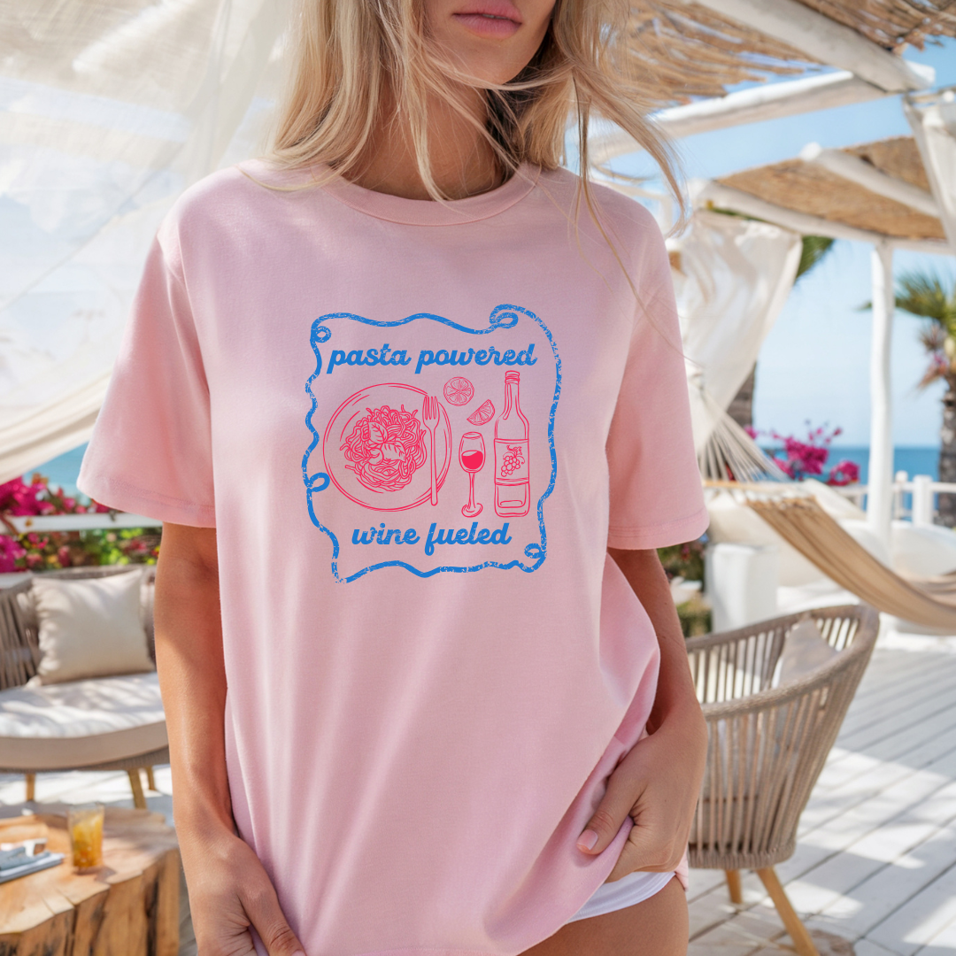 Camiseta casual de corte holgado con cuello redondo, manga corta, 100% Algodón, con gráfico de Pasta. Perfecta para el estilo diario.